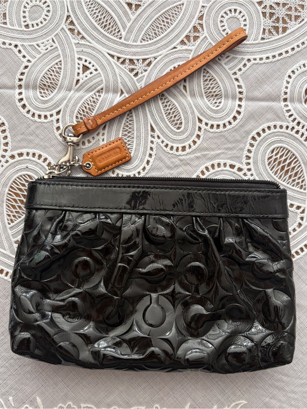 Coach Black Patent Wristlet with Tan Leather Strap